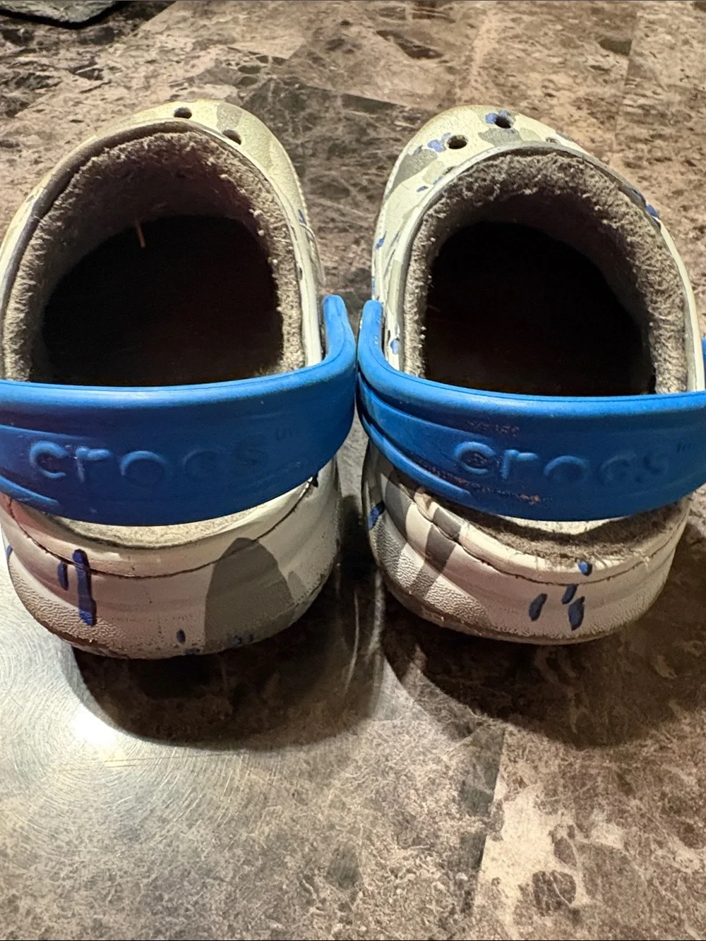 CROCS Kids Gray Camo Clogs with Blue Strap Accents